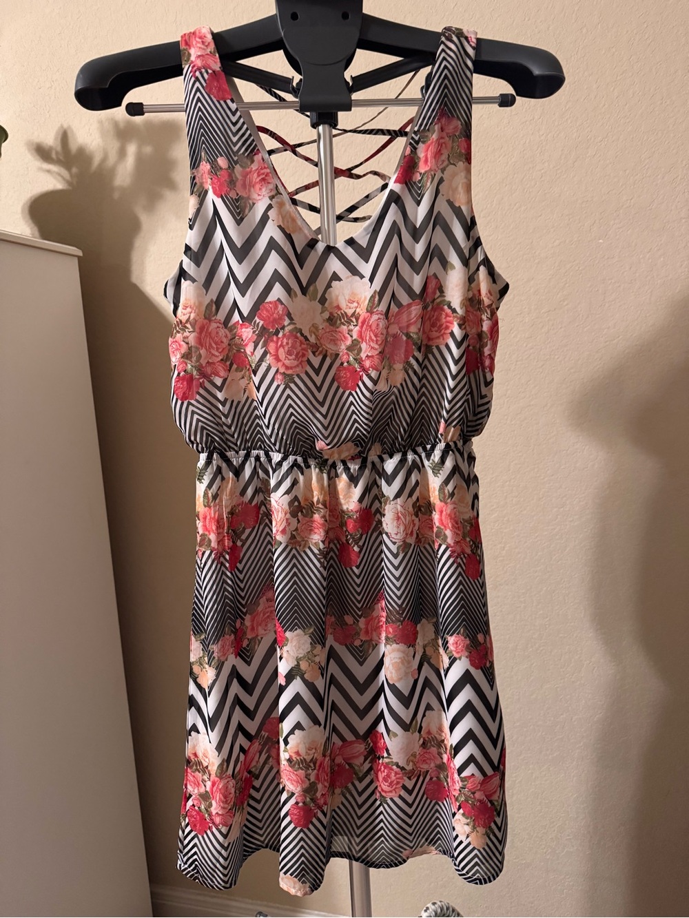 Sweet Rain Black and White Chevron Dress with Pink Floral Print